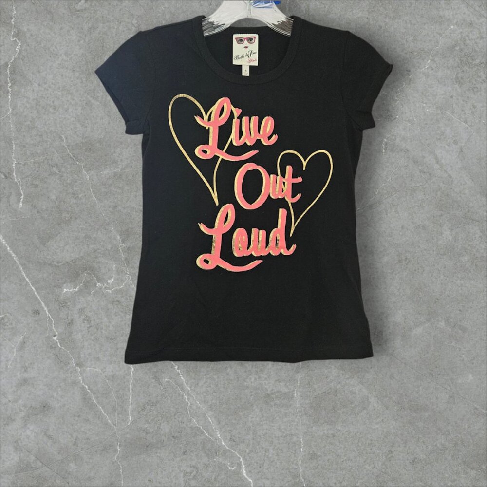 Belle Du Jour Girls Short Sleeve Crew Neck Live Out Loud Printed Black T-Shirt S